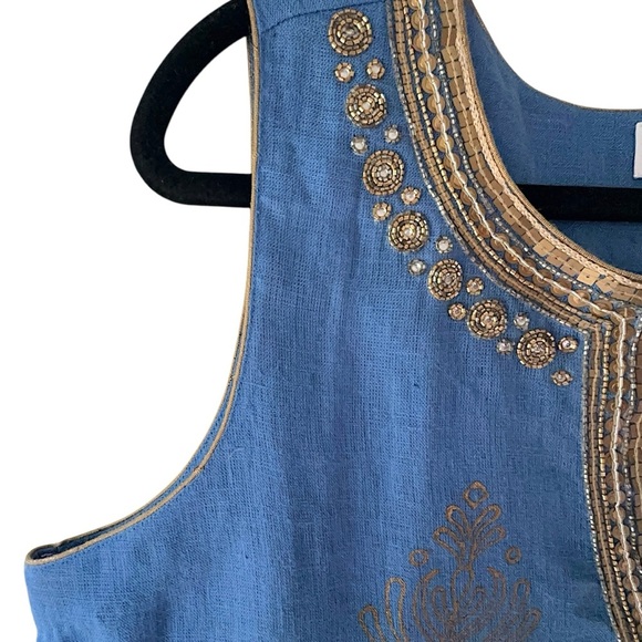 SOFT SURROUNDINGS | NWOT PURE LINEN PERIWINKLE BLUE GOLD BEADED DRESS | MEDIUM - Picture 3 of 9